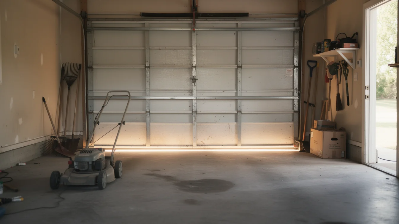The garage door is closed with a lawnmower and tools inside.