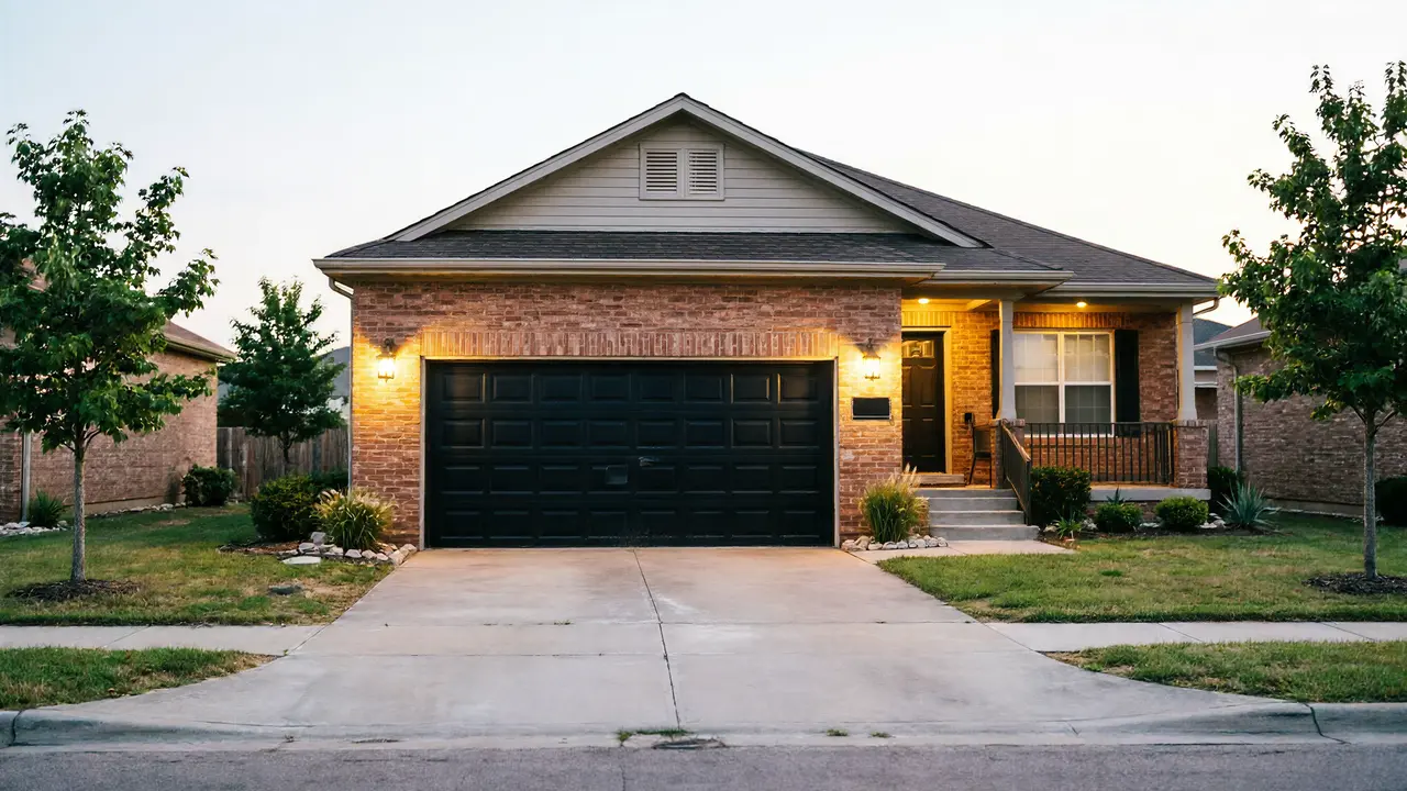 A brick house with a black garage door and a lit porch light.