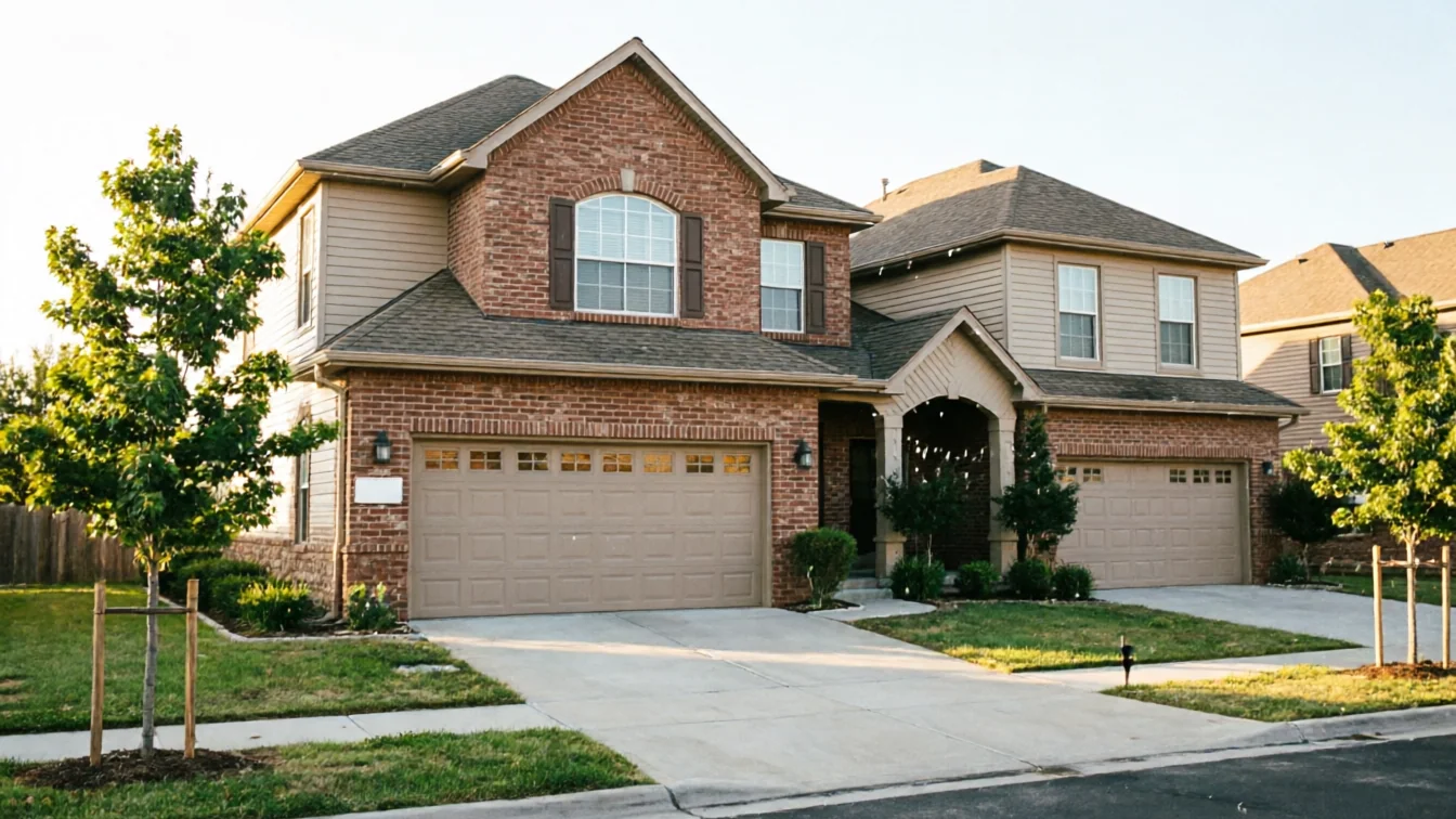 A two-story brick house with a tan garage door and a driveway.