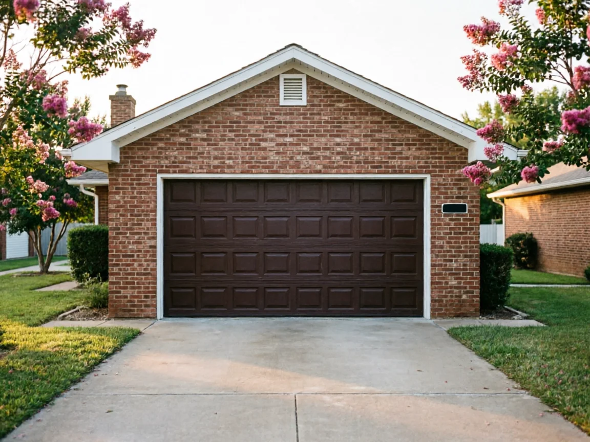 A brown paneled garage door on a brick house with a concrete driveway.