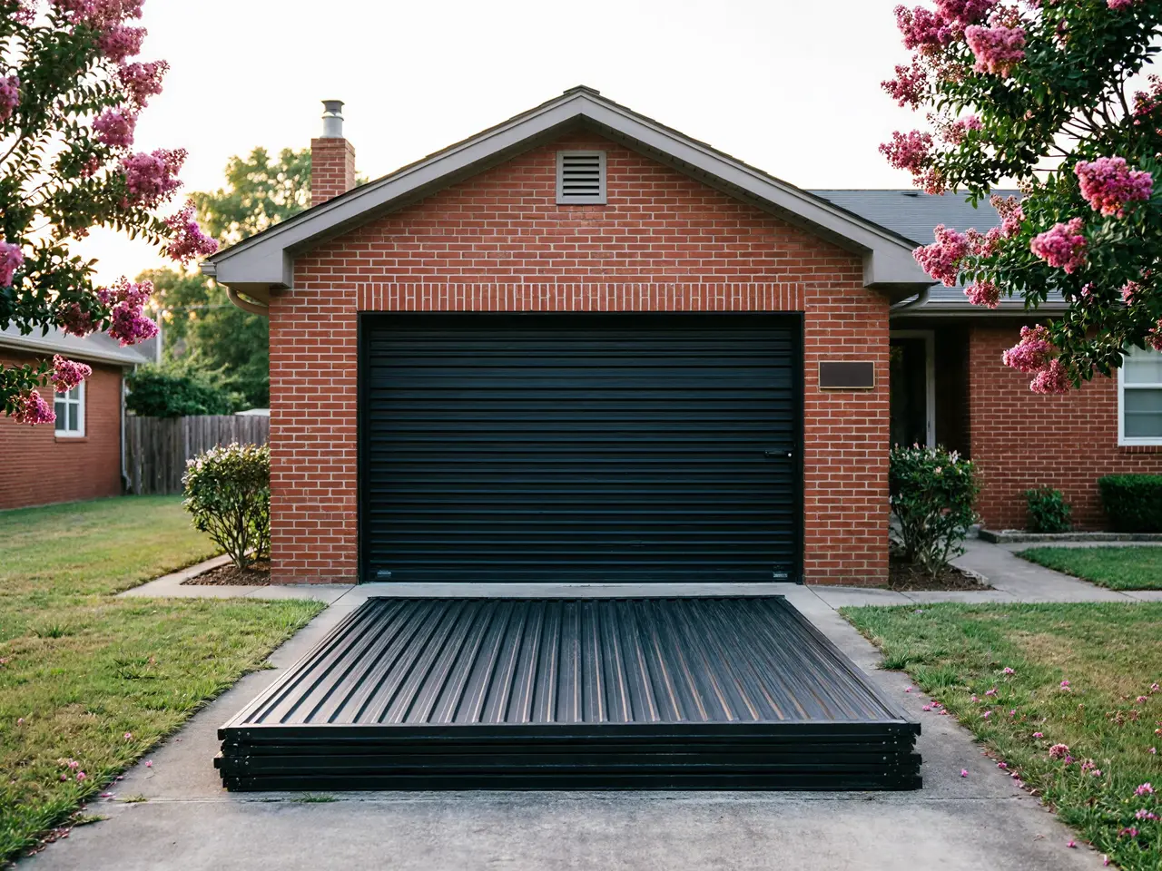 A black garage door is closed on a brick house with a new door on the driveway.