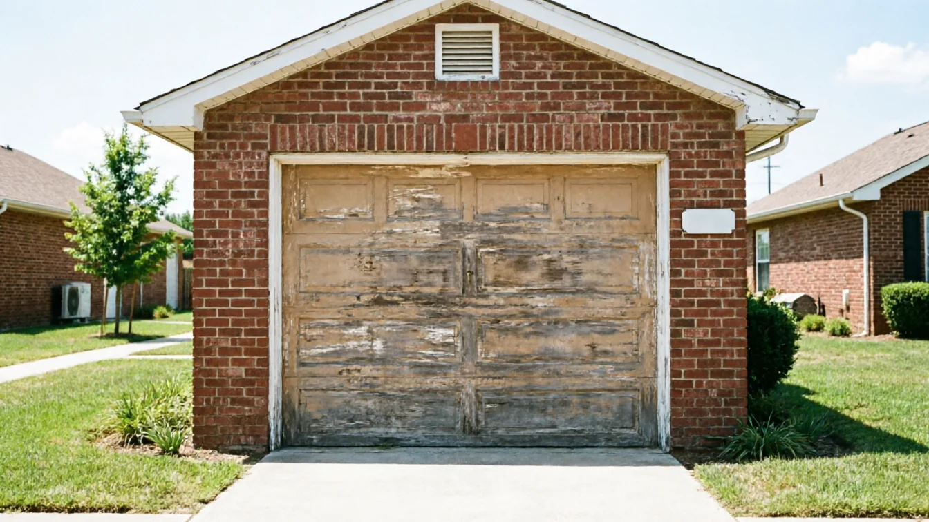 The peeling garage door is on a brick house with a green lawn.