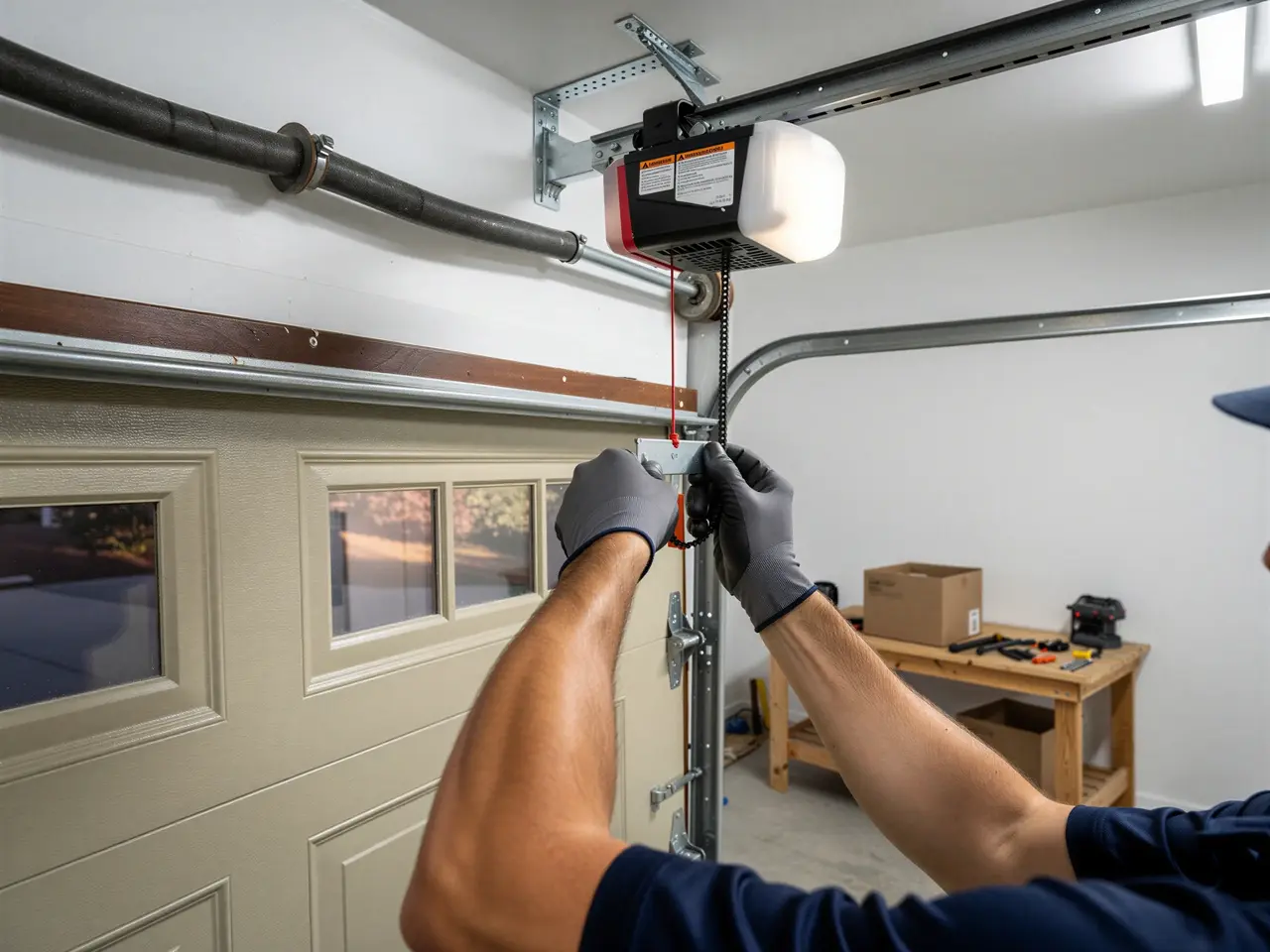 A technician in gloves works on a garage door opener and chain.