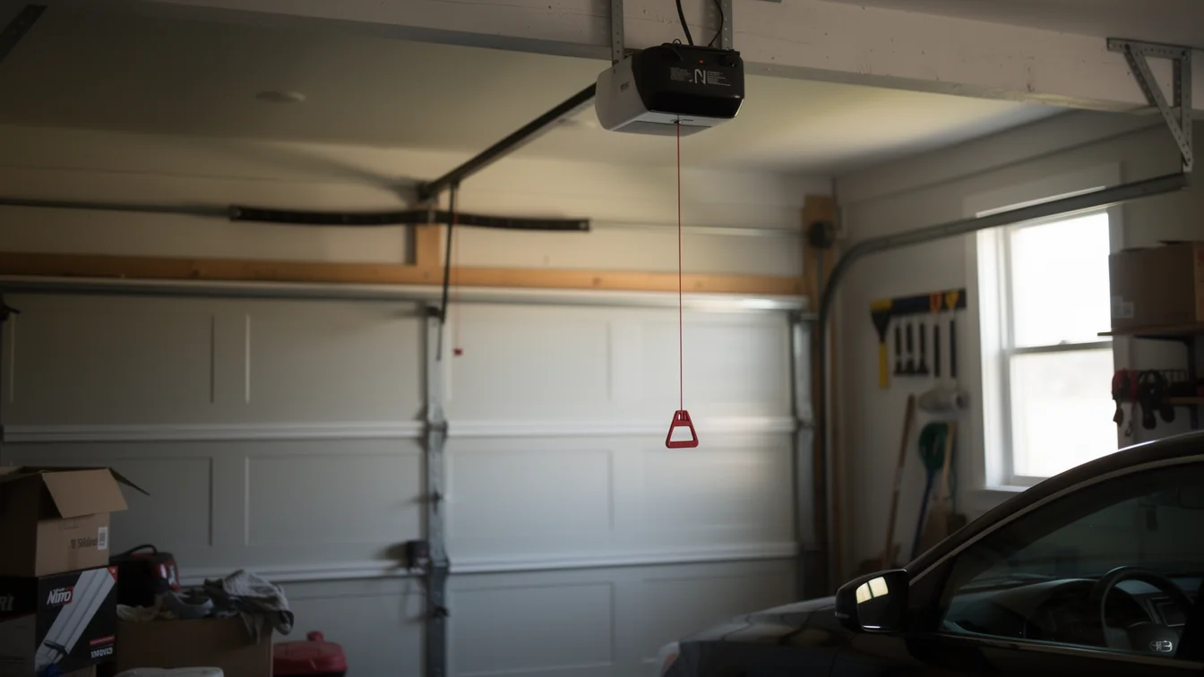 The garage door opener hangs above a white garage door with a car parked inside.