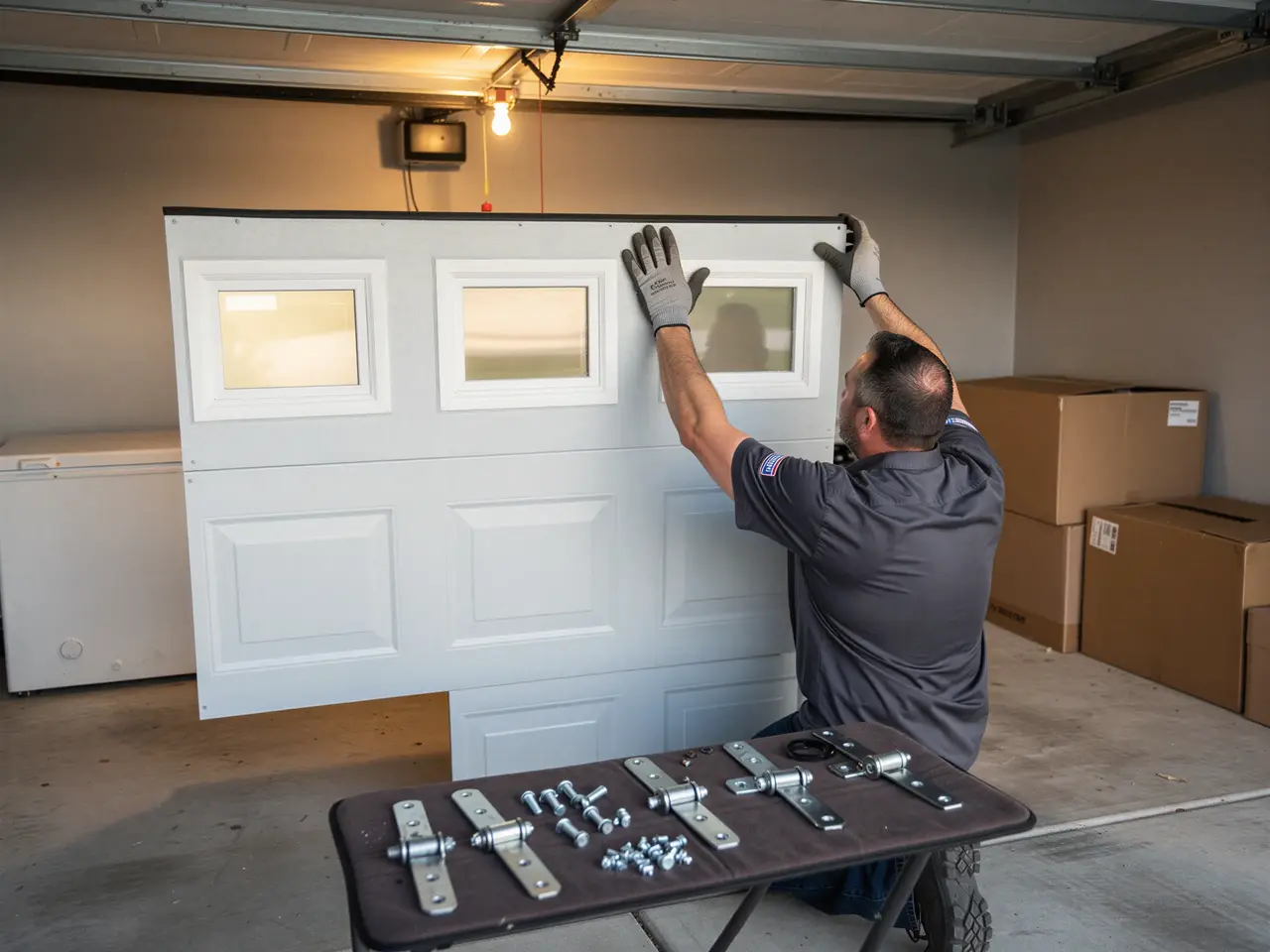 A technician installs a white garage door panel with windows.