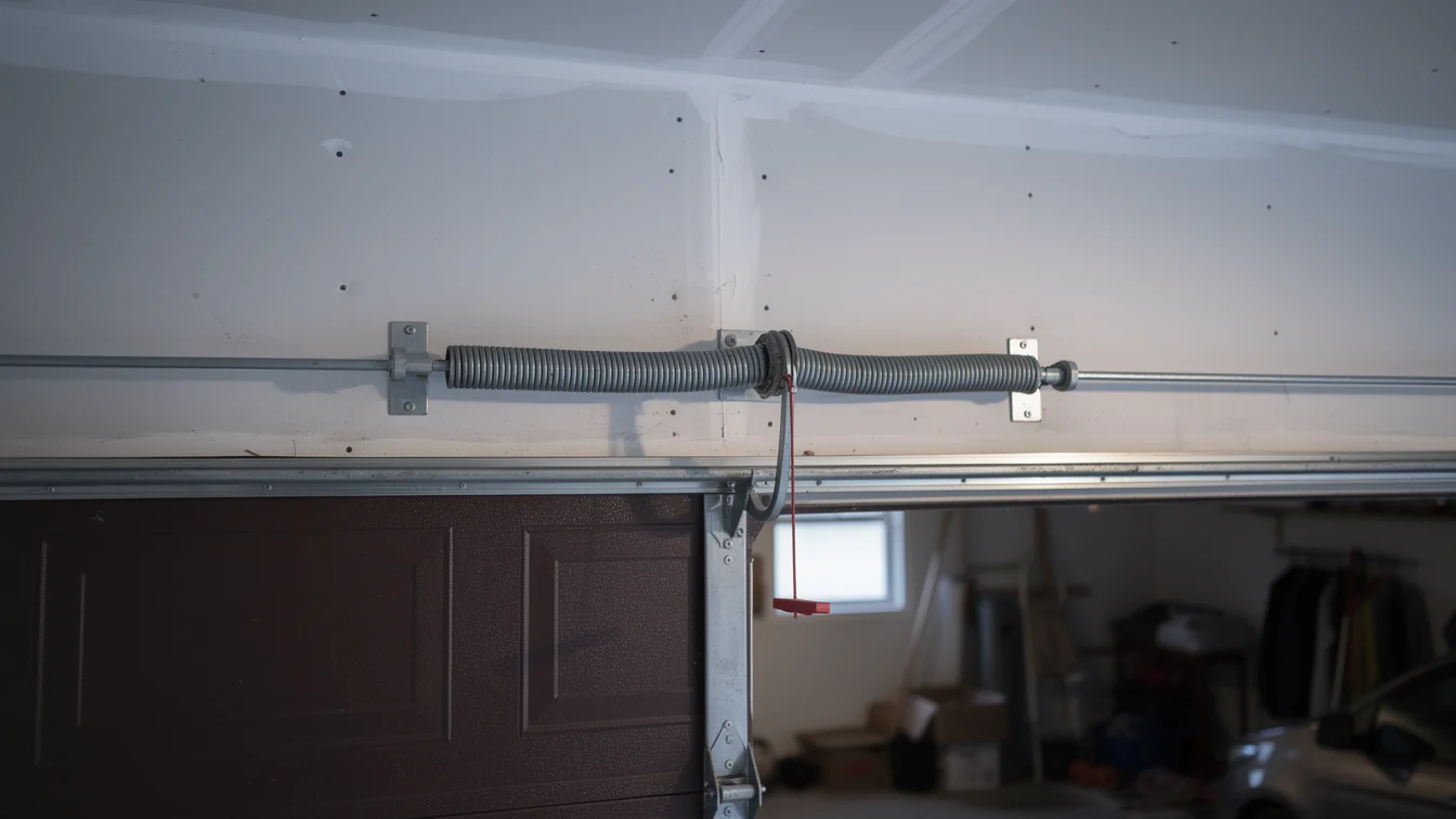A garage door torsion spring is mounted above a brown garage door.